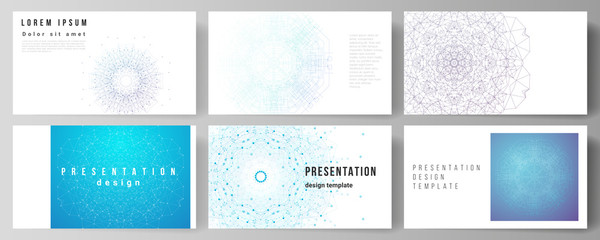 Fototapeta na wymiar The minimalistic abstract vector illustration layout of the presentation slides design business templates. Big Data Visualization, geometric communication background with connected lines and dots.