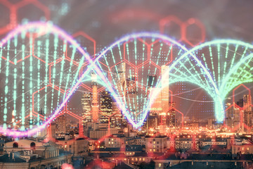 Multi exposure of DNA hologram on cityscape background. Concept of education