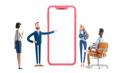 Application development and social media concept. 3d illustration.  Cartoon characters. Business teamwork concept on white background.