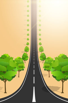 Droneception Road Landscape with trees. View on highway and plantations from above. Creative Concept of Droneception Effect. Vector Illustration.