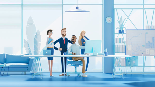 A Team Of Employees Works On The Computer. Modern Office. 3d Illustration.  Cartoon Characters. Business Teamwork Concept. Blue Background.