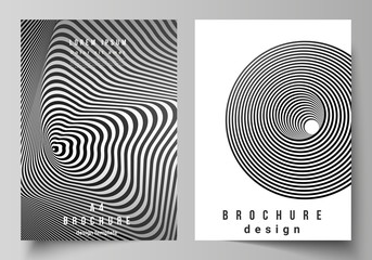 Vector layout of A4 format modern cover mockups design templates for brochure, magazine, flyer, booklet, report. Abstract 3D geometrical background with optical illusion black and white design pattern