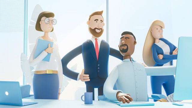 A team of employees works on the computer. Modern office. 3d illustration.  Cartoon characters. Business teamwork concept. Blue Background.