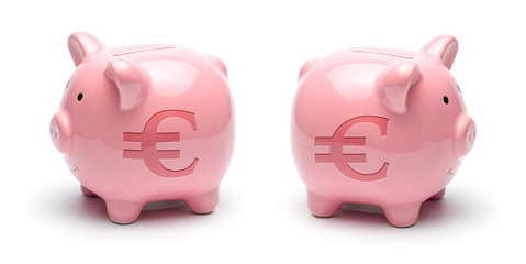 Pink piggy bank with euro symbol isolated on a white background. Concept How to save money