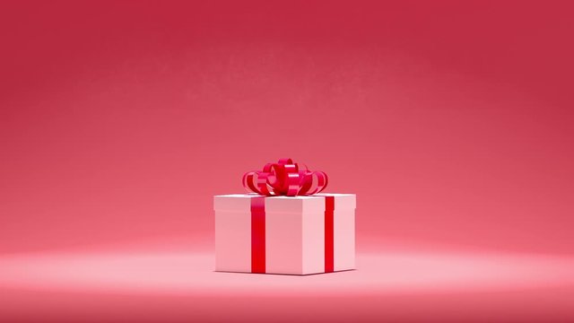 Closeup Zoom White gift box with red ribbon on red background color. 3D animation