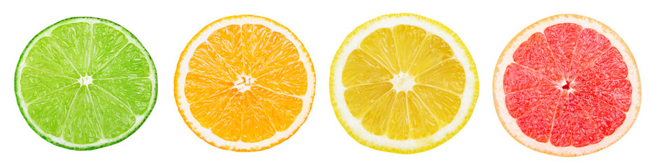Isolated citrus slices. Fresh fruits cut in half (lime, orange, lemon, grapefruit) in a row...
