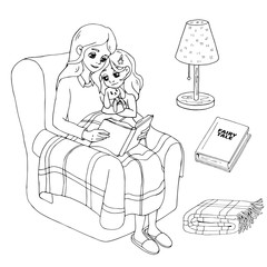 Mother reads a fairy tale to her daughter. Vector illustration. Mother reading a book to her child for the night. Black and white vector illustration for coloring book.