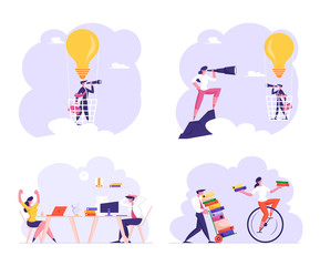Set Office Employees at Workplace Stressed of Deadline and Paper Bureaucracy, Business Man Flying in Sky on Hot Air Balloon in Shape of Light Bulb Business Idea Vision Cartoon Flat Vector Illustration