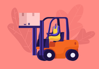 Worker Lifting Cargo on Forklift Machine in Warehouse. Freight Shipping and Logistics Concept. Employee in Uniform and Helmet Deliver Goods or Parcels to Storehouse. Cartoon Flat Vector Illustration