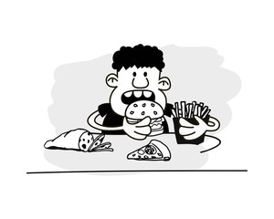 Man eating hamburger. Funny vector.