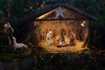 Christmas creche with Joseph Mary and Jesus - obrazy, fototapety, plakaty