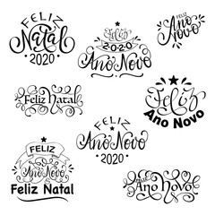 Feliz Natal e Feliz Ano Novo - Portuguese Merry Christmas Set of Calligraphic brazilian Inscription.