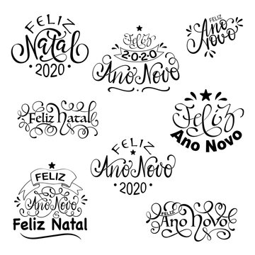 Feliz Natal e Feliz Ano Novo - Portuguese Merry Christmas Set of Calligraphic brazilian Inscription.