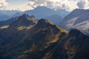 landscape scenic viewpoint on Mt. Sass Pordoi, Dolomite Alps, Italy
