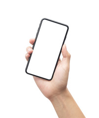 Male hand holding the black smartphone with blank screen isolated on white background with clipping path.