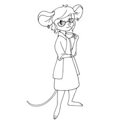 Cute cartoon mouse holding a cup of tea. Isolated object on white background. Black and white vector illustration for coloring book.