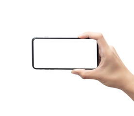 Male hand holding the black smartphone with blank screen isolated on white background with clipping path.