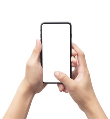 Male hand holding the black smartphone and touching on blank screen isolated on white background with clipping path.