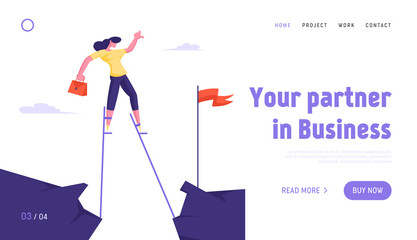 Manager Businesswoman Reach Goal Website Landing Page. Business Woman Overcome Abyss Going by Stilts Trying to Reach Red Flag on other Side of Cliff Web Page Banner. Cartoon Flat Vector Illustration