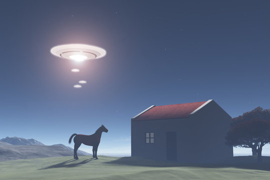 Flying saucers flying over a rural area