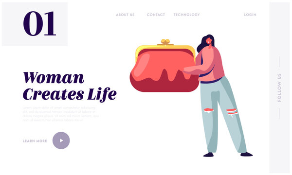 Women Things Website Landing Page. Tiny Female Character Holding Huge Purse with Money. Girls Bag Stuff and Belongings Elegant Modern Ladies Accessory Web Page Banner. Cartoon Flat Vector Illustration