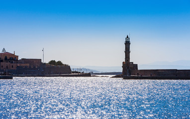 Old Venetian lighthouse in Chania on the island of Crete, Greece