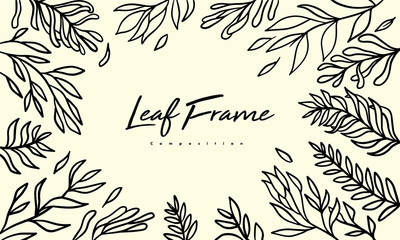 Grass plant composition for decoration frame, simple hand drawn leaves lineart illustration, floral vector elements for romantic and vintage design