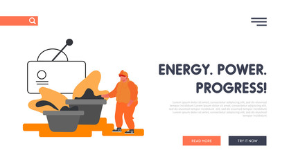 Metal Production Plant Website Landing Page. Metallurgy Industry Laborer Inspecting Raw Ore Material before Manufacturing Ironwork Process on Factory Web Page Banner. Cartoon Flat Vector Illustration