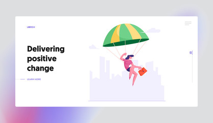 Achievement and Leadership Website Landing Page. Business Lady with Briefcase in Hand Flying with Parachute on City Skyline Background. Risky Effort Web Page Banner. Cartoon Flat Vector Illustration