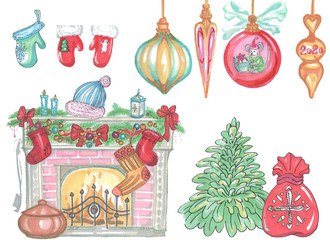 set of christmas new year elements fireplace tree presents gifts toys