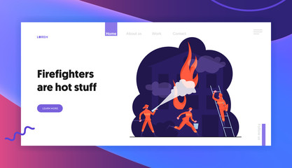 Group of Firemen Fighting with Blaze Website Landing Page. Fire Fighters Spraying Water from Hose Working as Team Fight with Big Fire at Burning House Web Page Banner. Cartoon Flat Vector Illustration