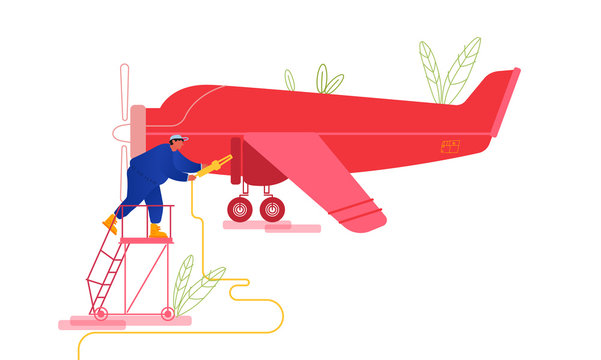 Private Plane Inspection and Fueling before Flight. Mechanic Stand on Ladder Pouring Fuel into Airplane Gas Tank. Maintenance of Retro Aircraft with Propeller Engine. Cartoon Flat Vector Illustration