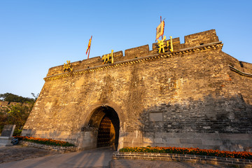 Traditional facade of buildings, exterior of buildings,loated Jingzhou China.Close-up of historic buildings.There china letters on building is"Jingzhou gate" builded in the Three Kingdoms Period.