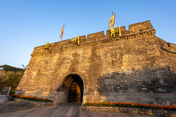 Traditional facade of buildings, exterior of buildings,loated Jingzhou China.Close-up of historic...