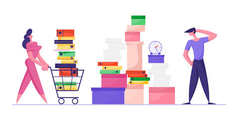 Businesswoman Pushing Shopping Cart Full of Documentation. Businessman Look on Huge Heap of Paper Documents Folders, Busy Office People, Company Employees Deadline. Cartoon Flat Vector Illustration