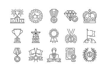 Awards color line icons set. Championship prizes. Victory elements: ceremony, medal, trophy, diploma.