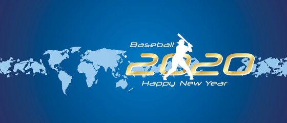 Baseball 2020 Happy New Year gold white silhouette logo icon abstract world map blue background
