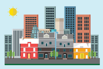 Flat vector web banners on the theme of High Risk Building, District, Tower, Urban City, Night City. Flat Vector Illustration. Flat Design Background. Web vector illustration. Vector Background.