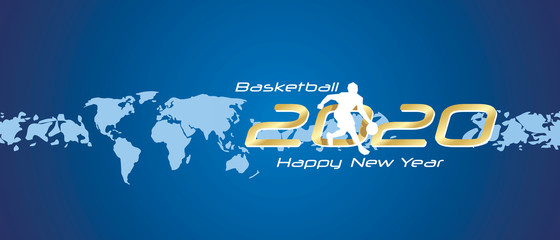 Basketball 2020 Happy New Year gold white silhouette logo icon abstract world map blue background