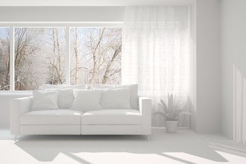 Mock up of stylish room in white color with sofa and winter landscape in window. Scandinavian interior design. 3D illustration