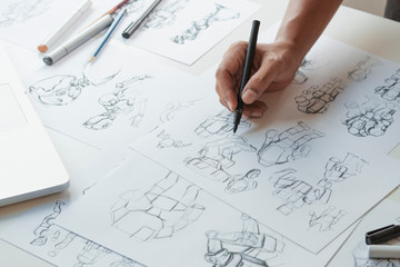 Animator designer Development designing drawing sketching development creating graphic pose characters sci-fi robot Cartoon illustration animation video game film production , animation design studio.