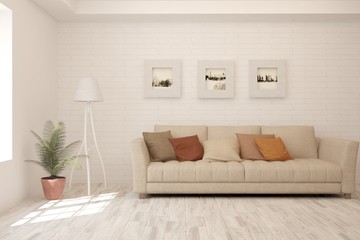 Stylish room in white color with sofa. Scandinavian interior design. 3D illustration
