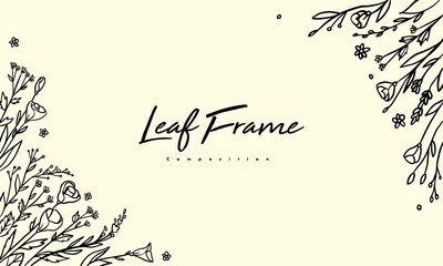 Grass plant composition for decoration frame, simple hand drawn leaves lineart illustration, floral vector elements for romantic and vintage design