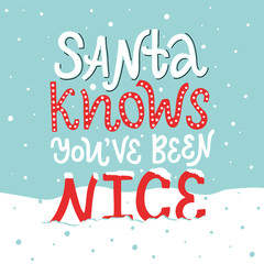 Vector lettering illustration of Santa knows You've been nice. Winter holidays concept. Funny congratulations to New Year and Christmas. Typography poster, greeting card for presents to friends.