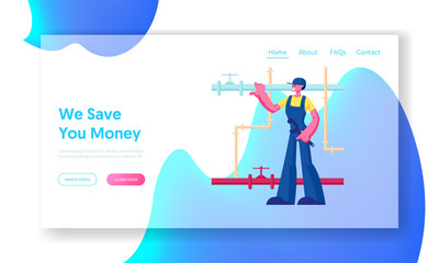 Handyman Fixing Broken Technics and Sanitary at Home Website Landing Page. Plumber Worker Character with Wrench Tool Wearing Overalls Fix Pipes System Web Page Banner, Cartoon Flat Vector Illustration