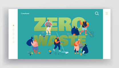 Pollution Recycling Ecology Zero Waste Website Landing Page. People Removing Trash, Cleaning Earth Surface with Rakes. Saving Planet, Environment Web Page Banner. Cartoon Flat Vector Illustration
