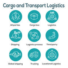 Logistics icon set with buildings, trucking, people & shipping box