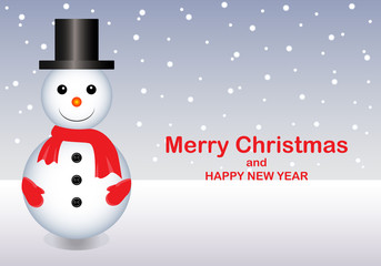 christmas card with snowman.Cute Christmas greeting card with snowman and bullfinch. Greeting card with snowmen and snowfall. Illustration for Christmas design.