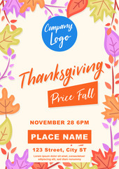 Obraz premium Thanksgiving Price Fall A4 Flyer Banner poster template vector illustration Autumn holiday greeting card