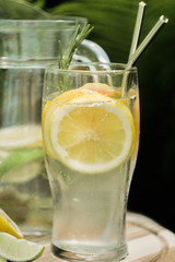Close up preparing ice cocktail lemonade at hot summer day. Metal straw. Eco friendly picnic on  meadow.  Reusable 